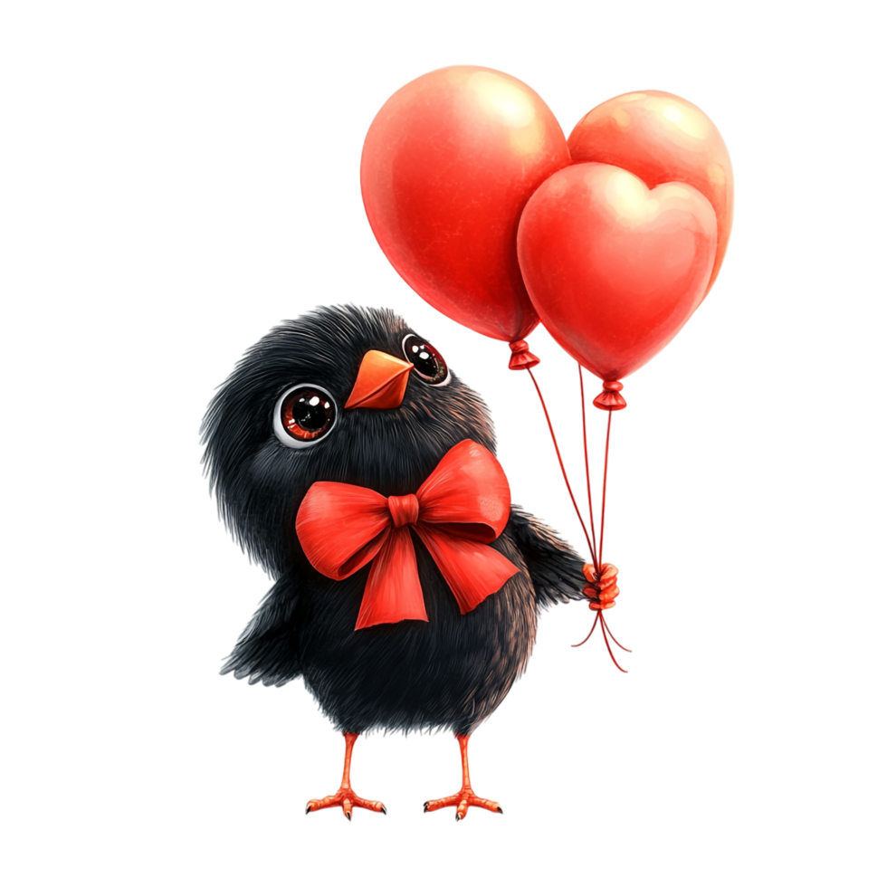 PNG Adorable Bird Wearing a Red Bow Tie and Holding a Heart for Valentine's Day, Against transparent Background Cute Characters, or Love-Themed Designs