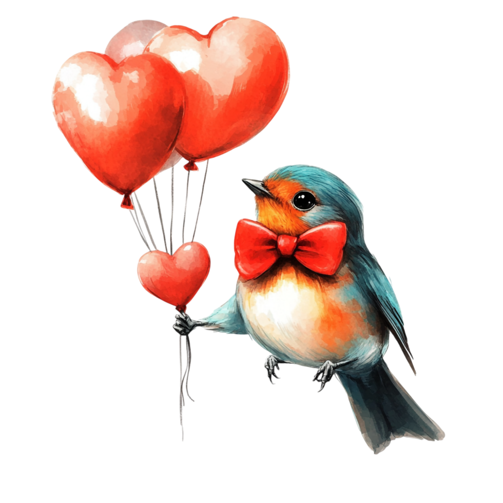 PNG Adorable Bird Wearing a Red Bow Tie and Holding a Heart for Valentine's Day, Against transparent Background Cute Characters, or Love-Themed Designs