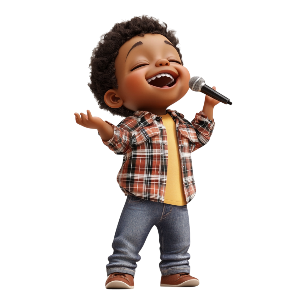 PNG Adorable 3D Render of a Happy Singing Boy Against Transparent Background for Entertainment Designs, Youthful Themes, or Cartoon Illustrations