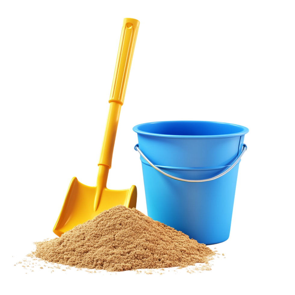 Yellow Spade and Blue Bucket with Sand Spilling 3D Rendering png