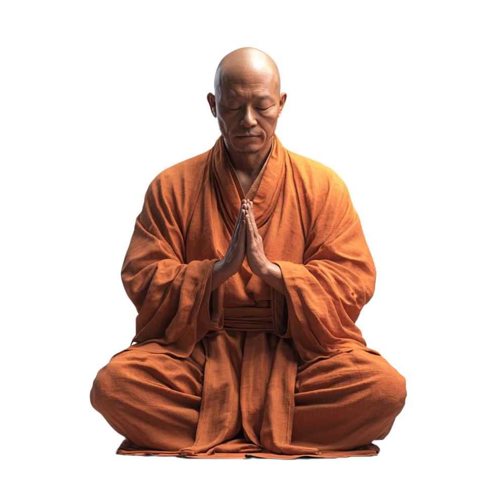 Shaolin monk praying in traditional attire on a transparent background png