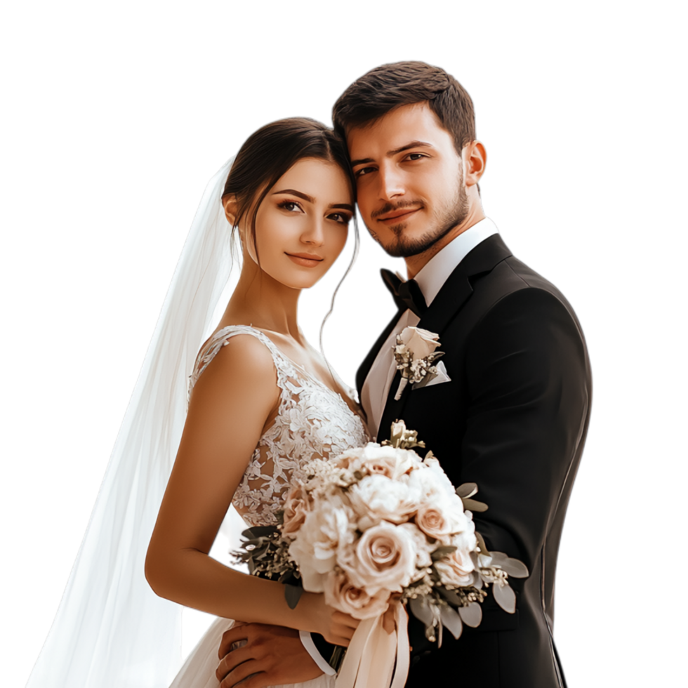 PNG Elegant Bride and Groom Posing Together on Their Wedding Day Against Transparent Background for Wedding Branding, Event Promotions, or Romantic Campaigns