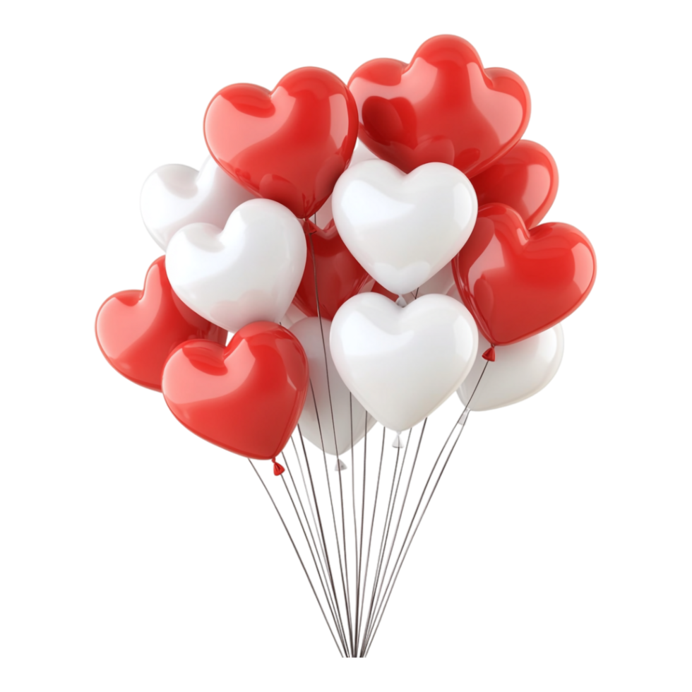 PNG Bunch of Red and White Heart-Shaped Balloons Against transparent Background for Romantic Celebrations, Valentine's Day, or Party Themes