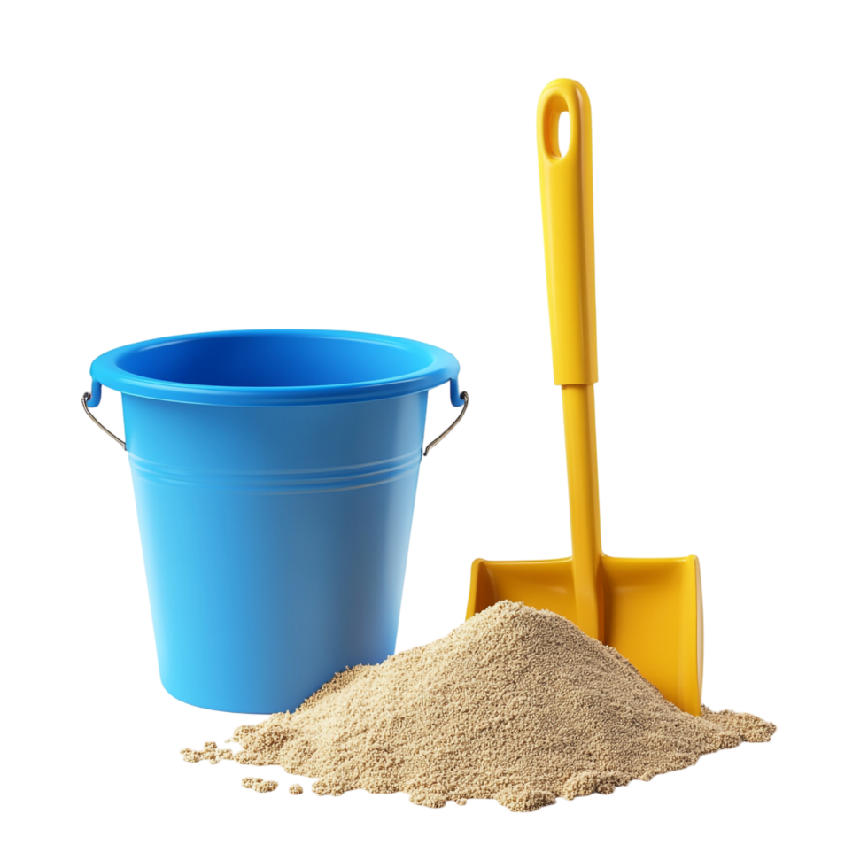 Yellow Spade and Blue Bucket with Sand Spilling 3D Rendering png