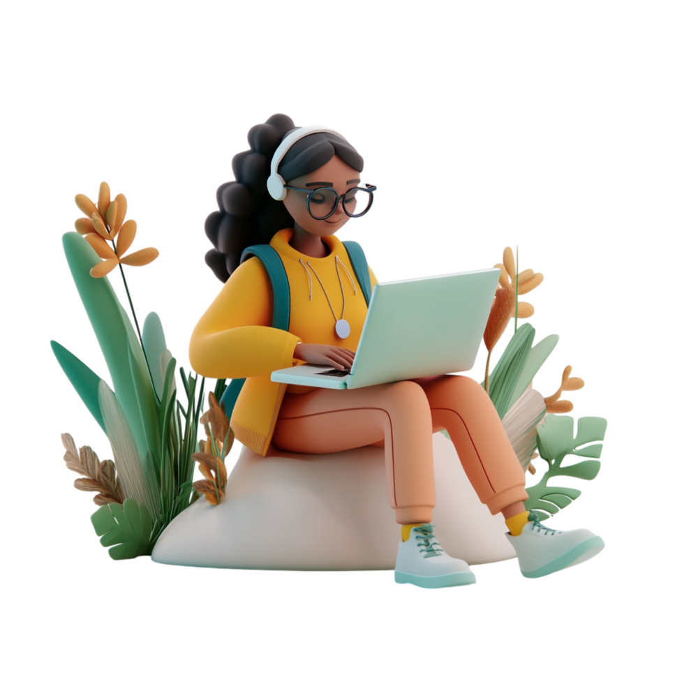 PNG 3D Render of a Woman Working on a Laptop Against Transparent Background for Remote Work, Productivity Themes, or Technology Illustrations