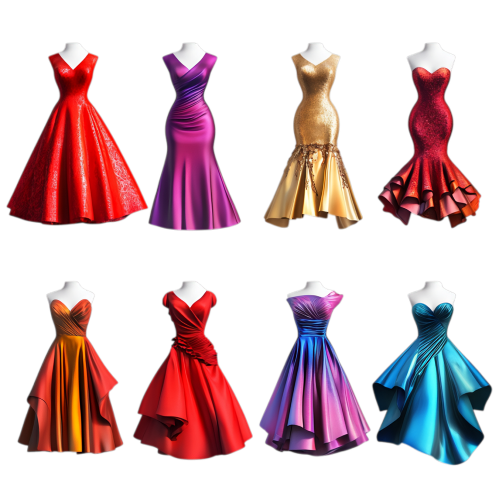 PNG Eight Stunning Cocktail Dresses on Display Against Transparent Background for Fashion Marketing, Event Promotions, or Retail Branding