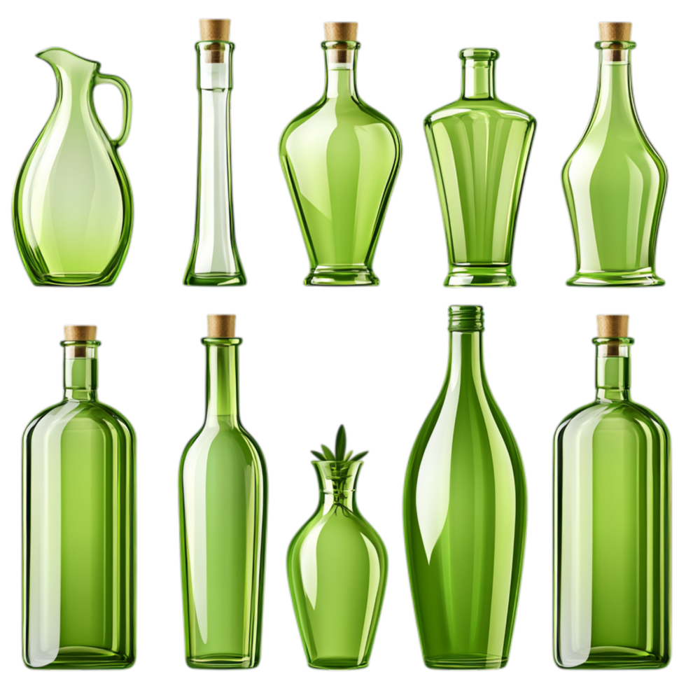 PNG Collection of Green Glass Bottles in Various Shapes and Sizes for Recycling Campaigns, Eco-Friendly Promotions, or Artistic Projects