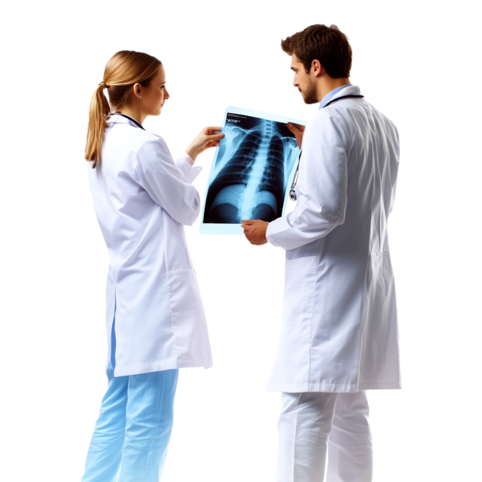 Two Young Doctors Examining X-Ray Results Isolated Against White Background png