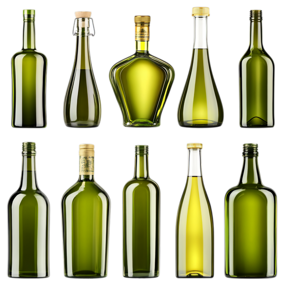 PNG Collection of Green Glass Bottles in Various Shapes and Sizes for Recycling Campaigns, Eco-Friendly Promotions, or Artistic Projects