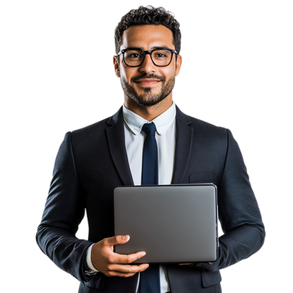 PNG Confident Businessman Holding Laptop Against Transparent Background for Corporate Branding, Business Presentations, or Professional Campaigns