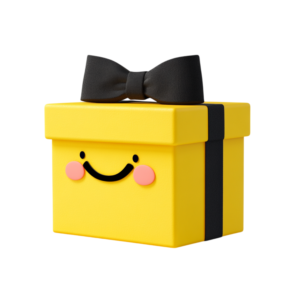 PNG Adorable Yellow Gift Box with Bow and Happy Face Emoji Illustration Against Transparent Background for Festive Designs, Celebration Themes, or Gift Concepts