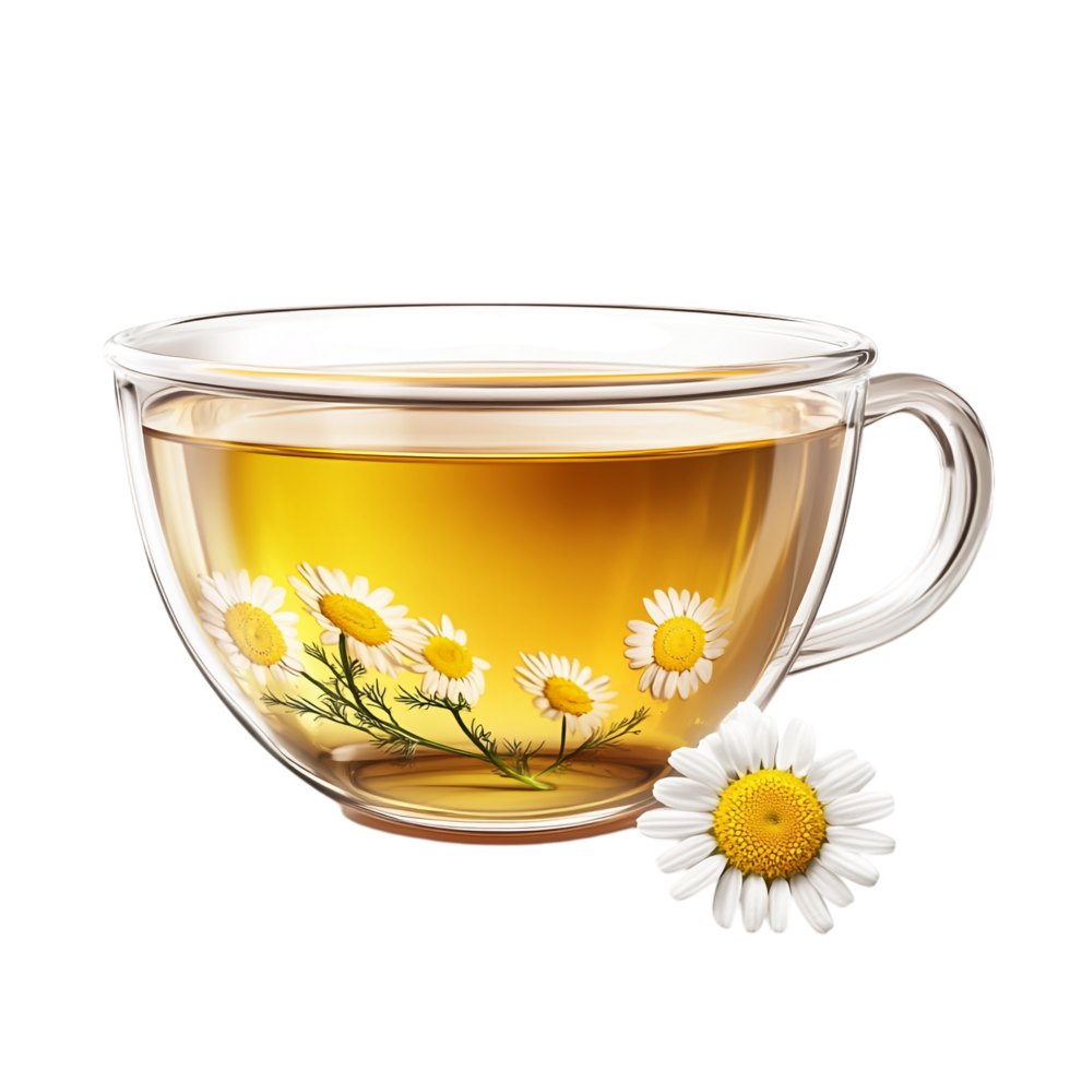 PNG Aromatic Chamomile Tea in a Glass Cup Against Transparent Background for Beverage Designs, Relaxation Themes, or Organic Illustrations