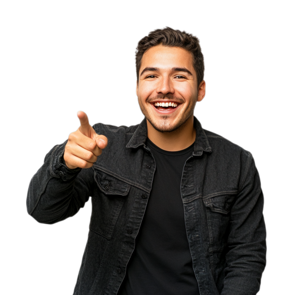 PNG Confident Young Man Pointing and Smiling Against Transparent Background for Marketing, Communication Themes, or Youthful Campaigns
