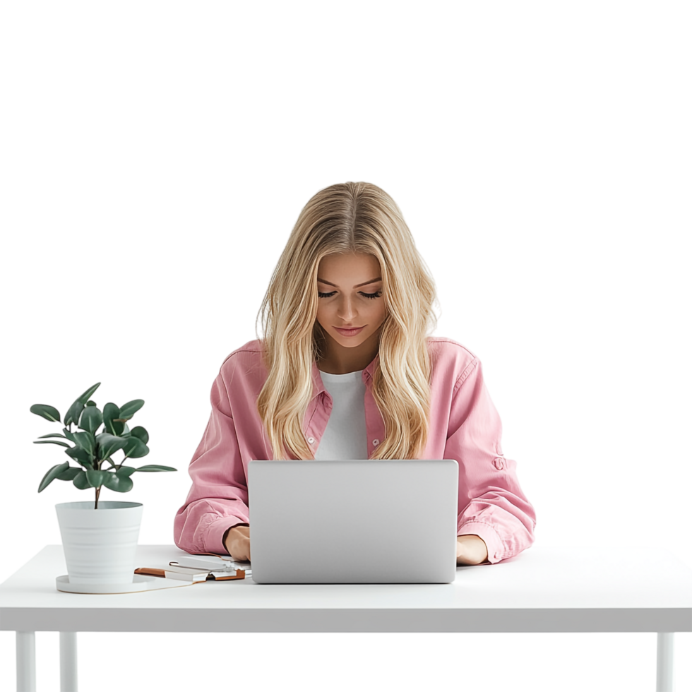 PNG 3D Render of a Woman Working on a Laptop Against Transparent Background for Remote Work, Productivity Themes, or Technology Illustrations