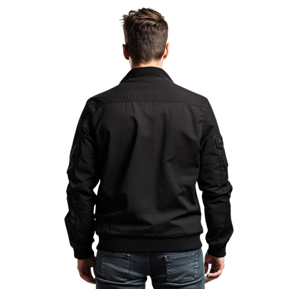 PNG Back View of Man in Black Jacket Against Transparent Background for Fashion Designs, Urban Themes, or Minimalist Illustrations
