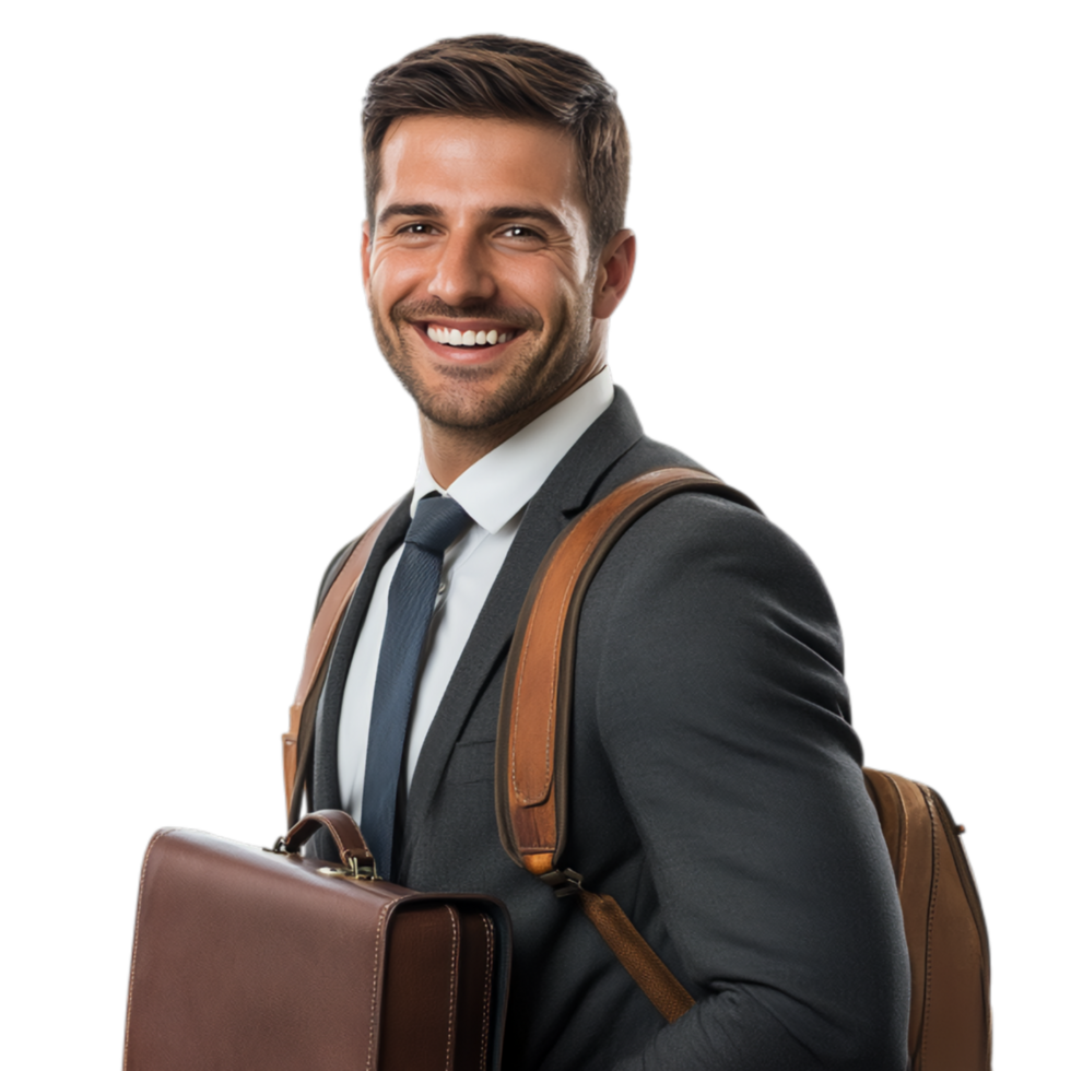 PNG Confident Businessman Smiling with Briefcase Against Transparent Background for Career Themes, Business Marketing, or Leadership Projects