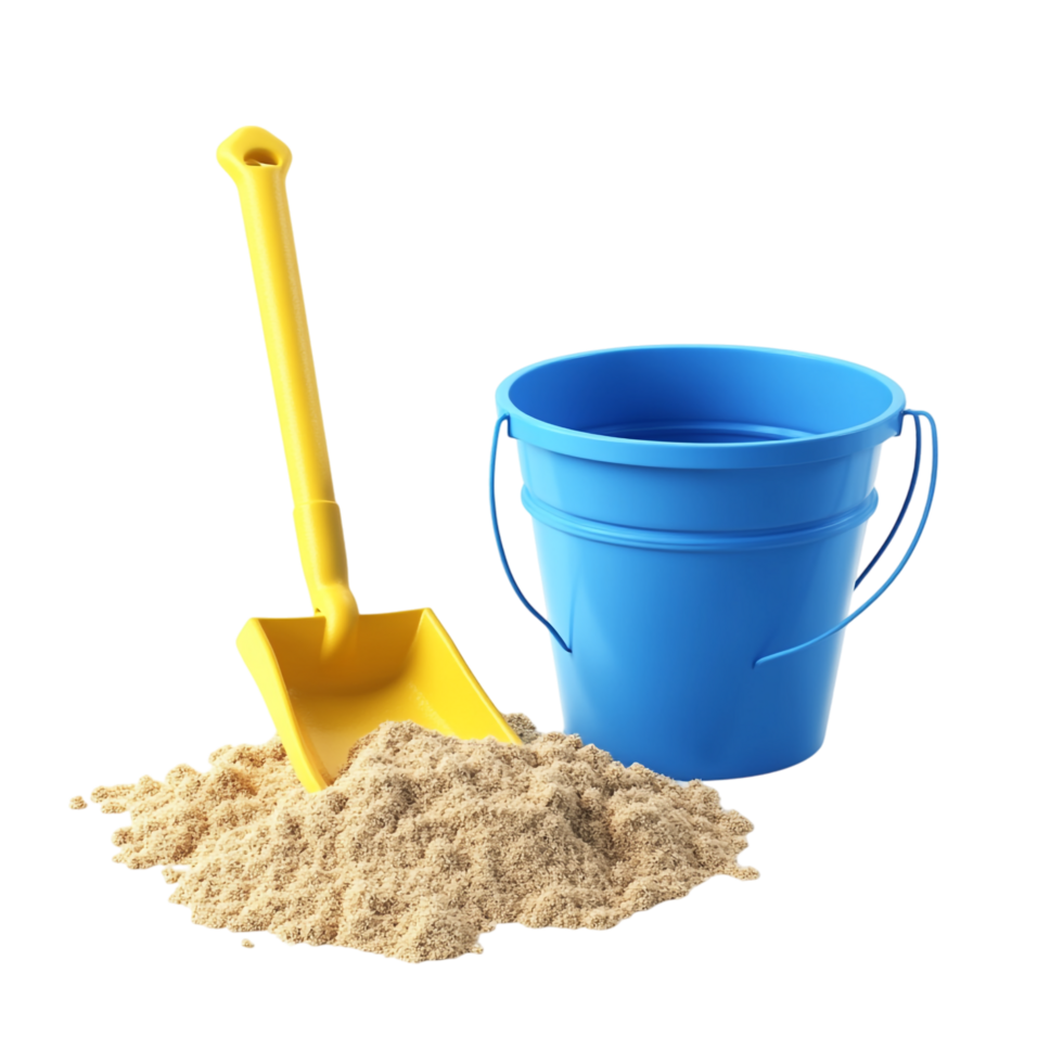Yellow Spade and Blue Bucket with Sand Spilling 3D Rendering png
