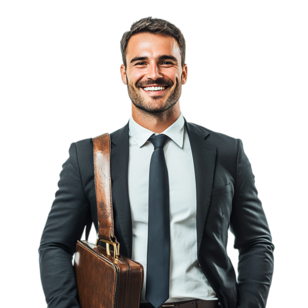 PNG Confident Businessman Smiling with Briefcase Against Transparent Background for Career Themes, Business Marketing, or Leadership Projects