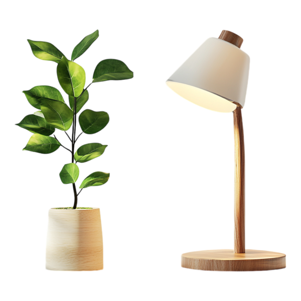 Lamp and Green Plant on Wooden Table Isolated Against a transparent Background png