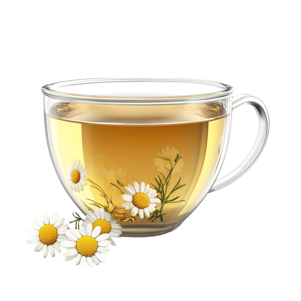 PNG Aromatic Chamomile Tea in a Glass Cup Against Transparent Background for Beverage Designs, Relaxation Themes, or Organic Illustrations