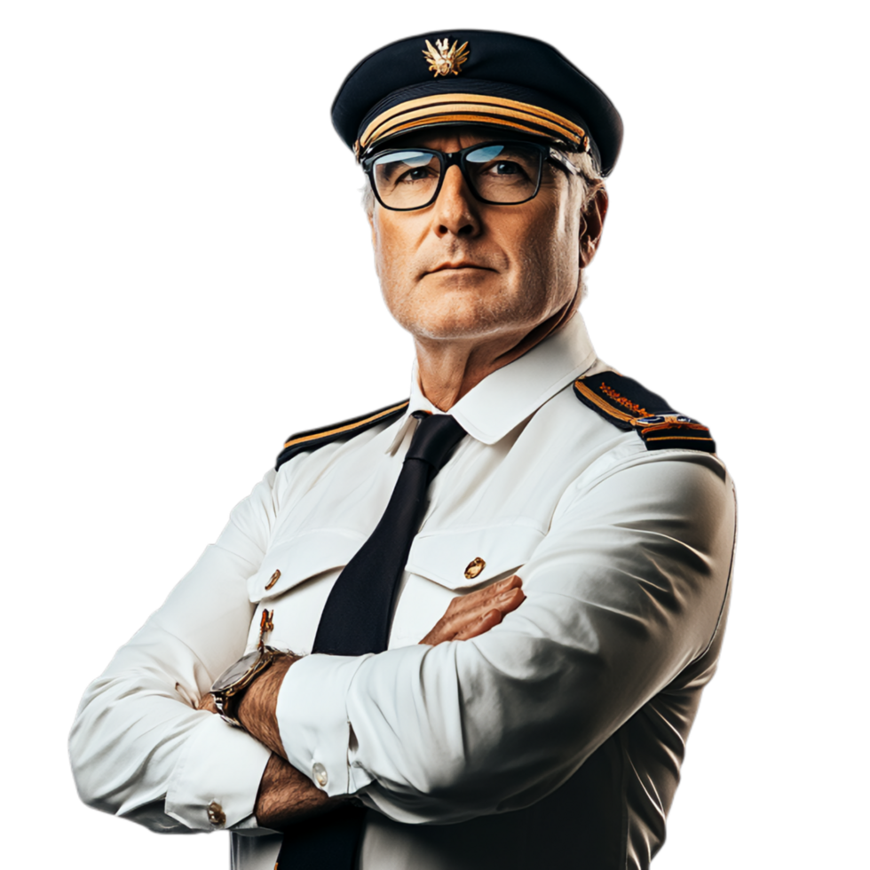 PNG Confident Senior Pilot with Arms Crossed Against Transparent Background for Aviation Themes, Leadership Branding, or Professional Campaigns