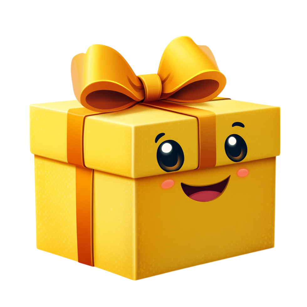 PNG Adorable Yellow Gift Box with Bow and Happy Face Emoji Illustration Against Transparent Background for Festive Designs, Celebration Themes, or Gift Concepts