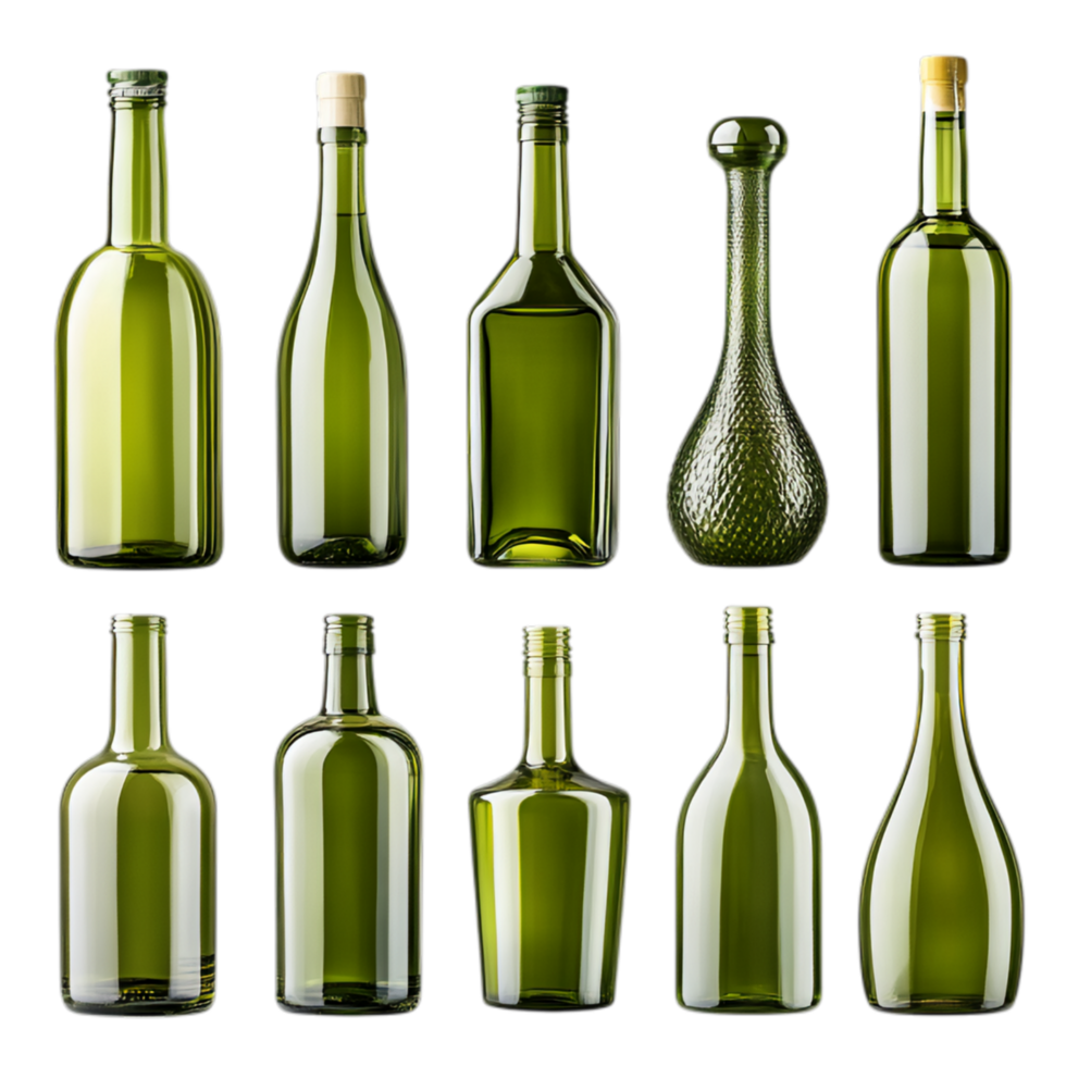 PNG Collection of Green Glass Bottles in Various Shapes and Sizes for Recycling Campaigns, Eco-Friendly Promotions, or Artistic Projects