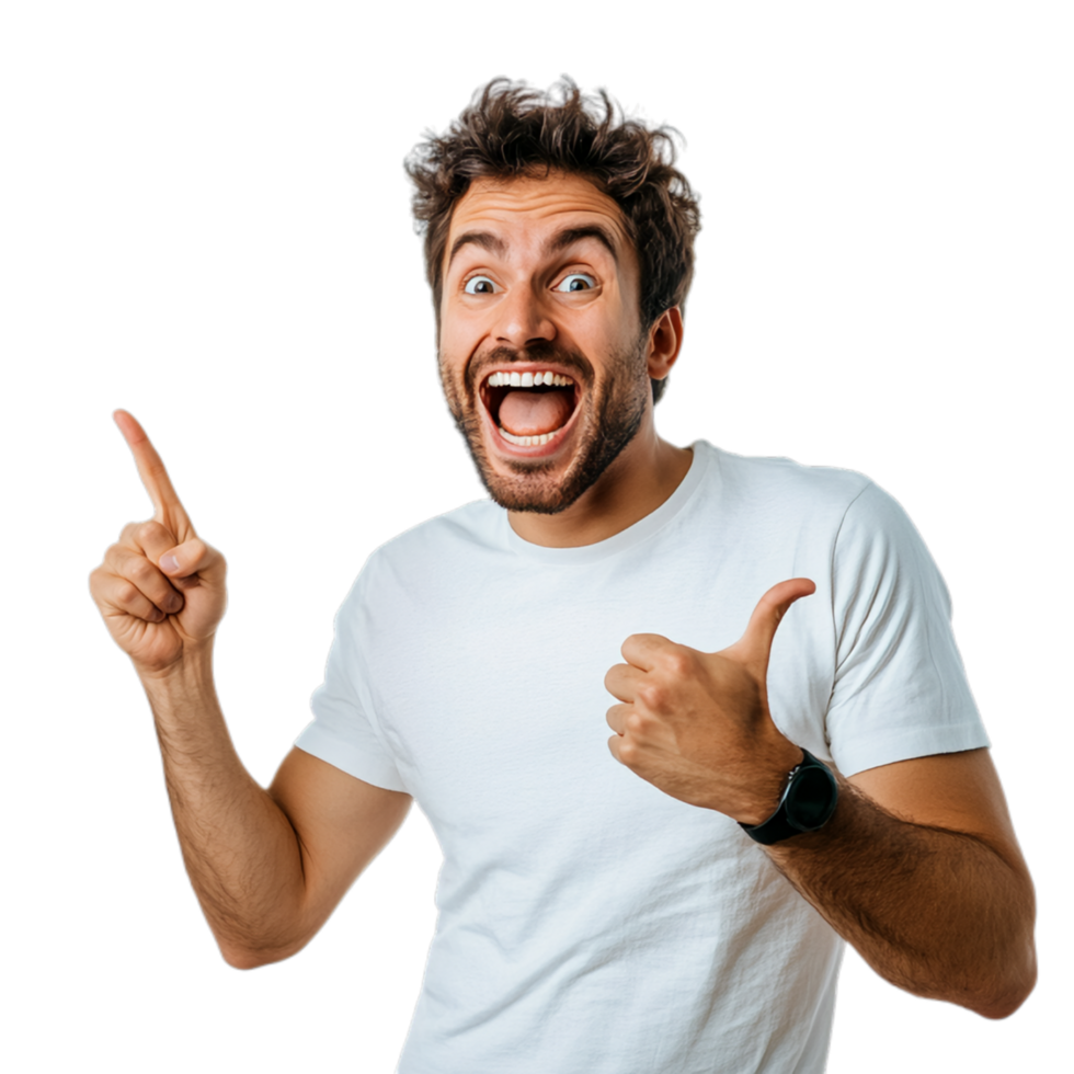 PNG Excited Man Pointing and Laughing Against Transparent Background for Fun Branding, Expressive Campaigns, or Emotional Advertising