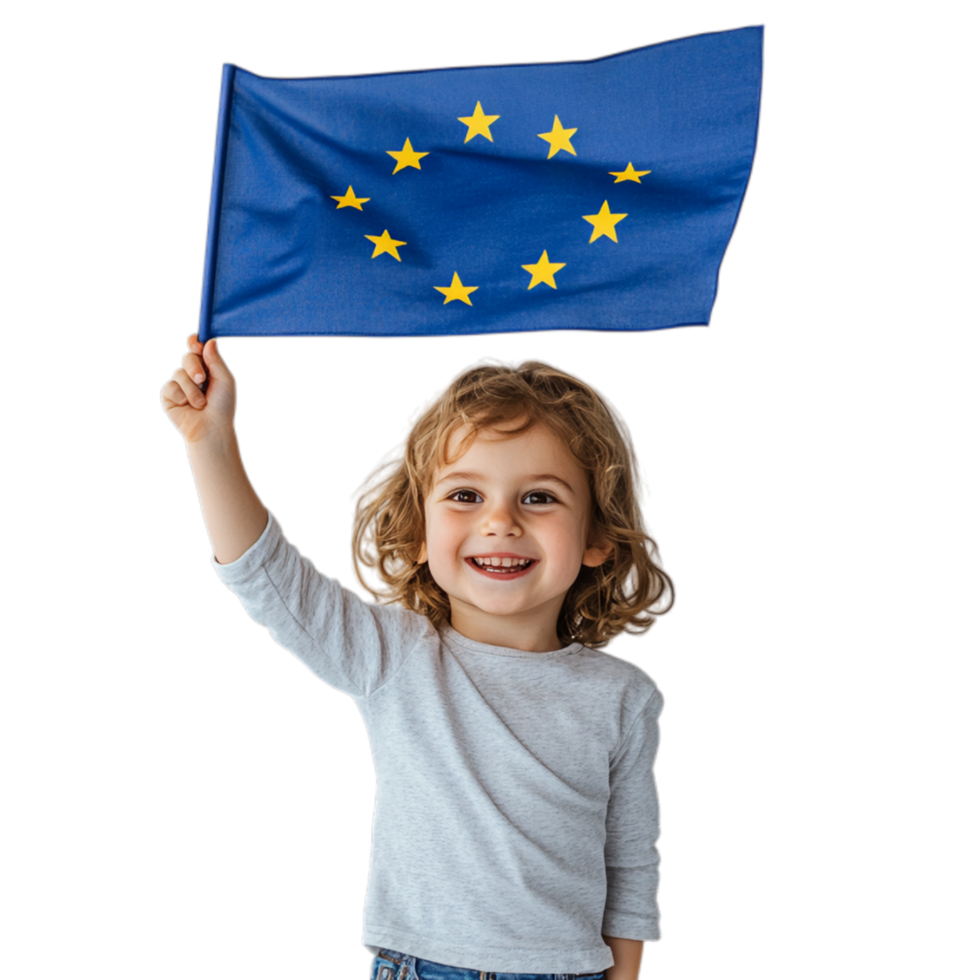 PNG Cheerful Child Waving the EU Flag with Pride Against Transparent Background for International Celebrations or Educational Projects