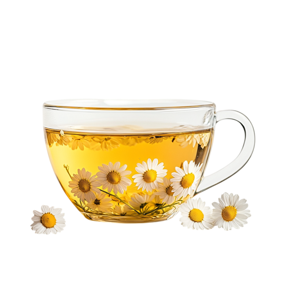 PNG Aromatic Chamomile Tea in a Glass Cup Against Transparent Background for Beverage Designs, Relaxation Themes, or Organic Illustrations