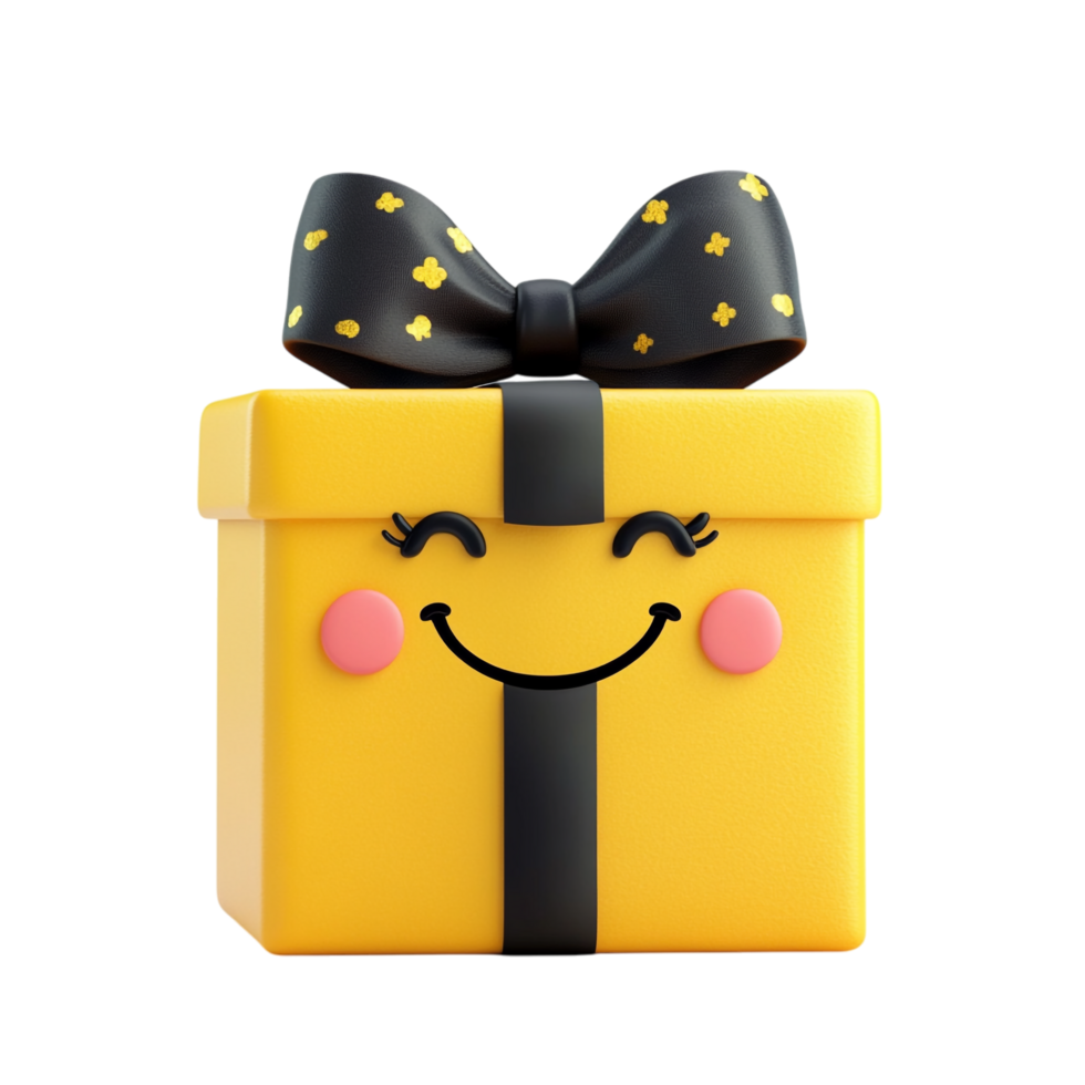 PNG Adorable Yellow Gift Box with Bow and Happy Face Emoji Illustration Against Transparent Background for Festive Designs, Celebration Themes, or Gift Concepts
