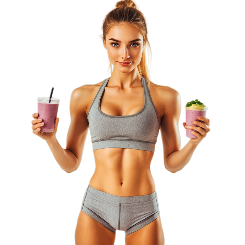 PNG Fit Woman Holding Dumbbell and Smoothie Against Transparent Background for Fitness Branding, Health Campaigns, or Active Lifestyle Promotions