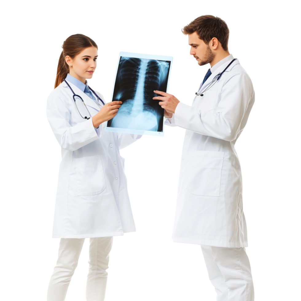 Two Young Doctors Examining X-Ray Results Isolated Against White Background png