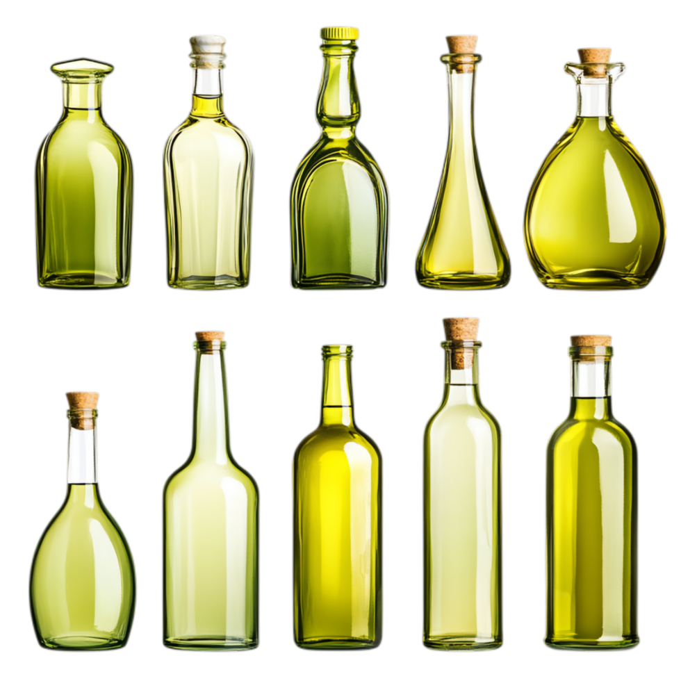PNG Collection of Green Glass Bottles in Various Shapes and Sizes for Recycling Campaigns, Eco-Friendly Promotions, or Artistic Projects
