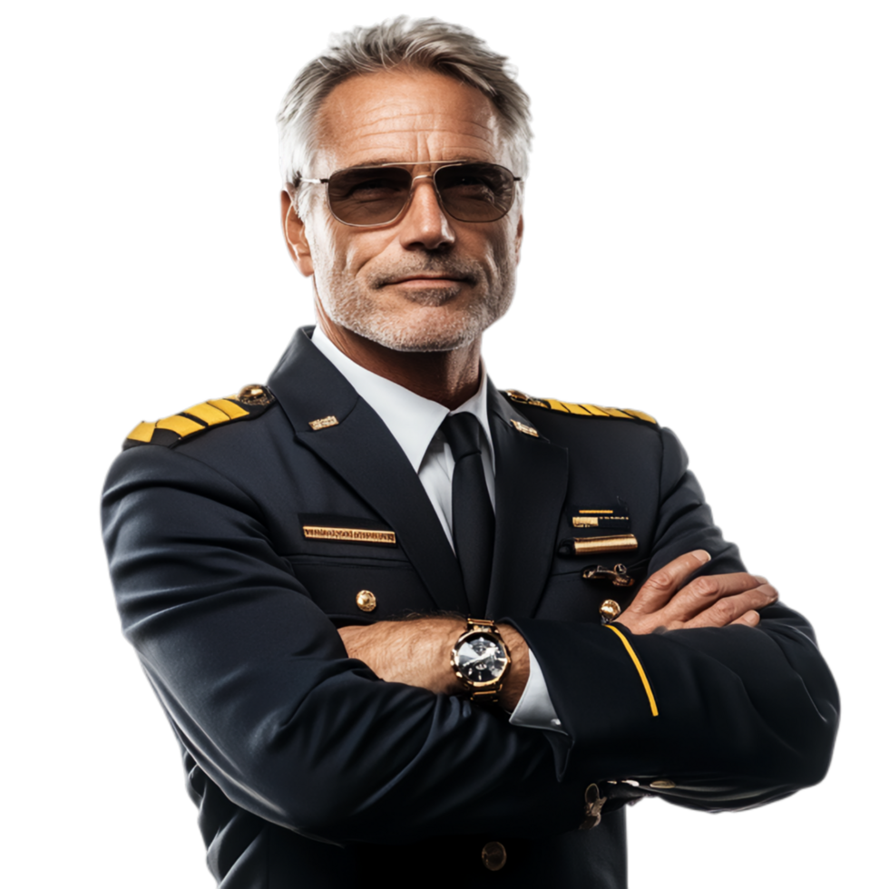 PNG Confident Senior Pilot with Arms Crossed Against Transparent Background for Aviation Themes, Leadership Branding, or Professional Campaigns