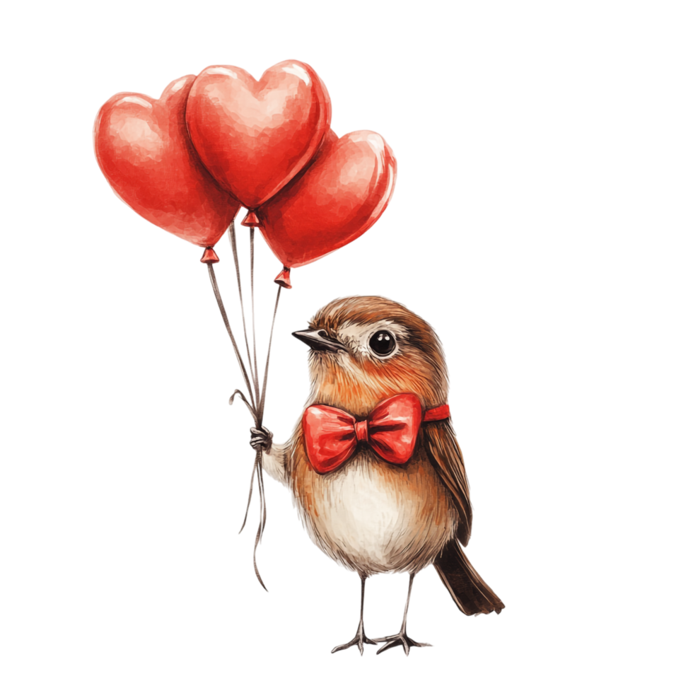 PNG Adorable Bird Wearing a Red Bow Tie and Holding a Heart for Valentine's Day, Against transparent Background Cute Characters, or Love-Themed Designs