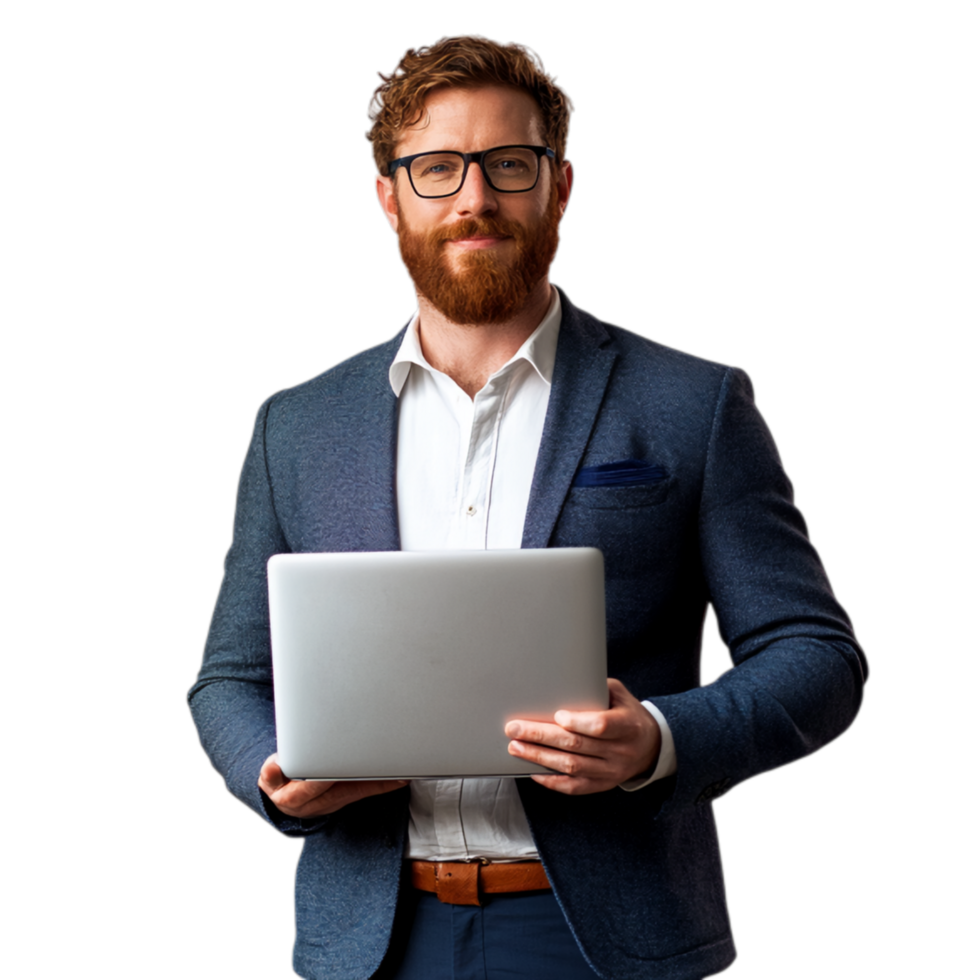 PNG Confident Businessman Holding Laptop Against Transparent Background for Corporate Branding, Business Presentations, or Professional Campaigns