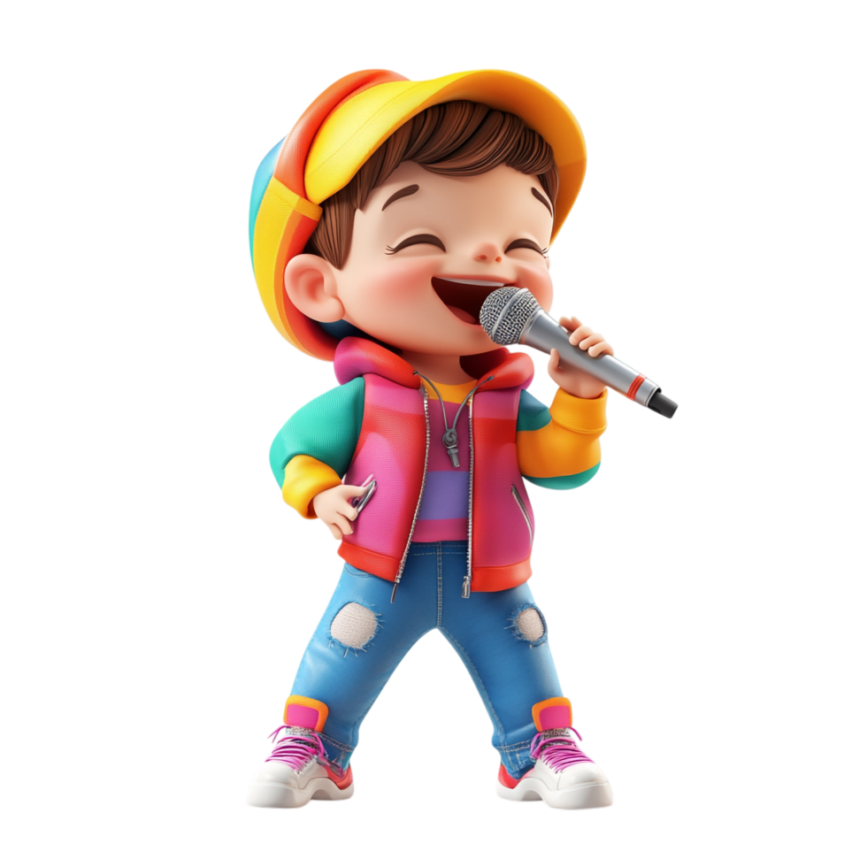 PNG Adorable 3D Cartoon Singer Boy with Microphone Against Transparent Background for Music Designs, Animation Themes, or Kid-Friendly Illustrations