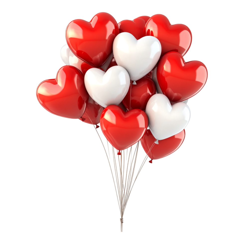 PNG Bunch of Red and White Heart-Shaped Balloons Against transparent Background for Romantic Celebrations, Valentine's Day, or Party Themes