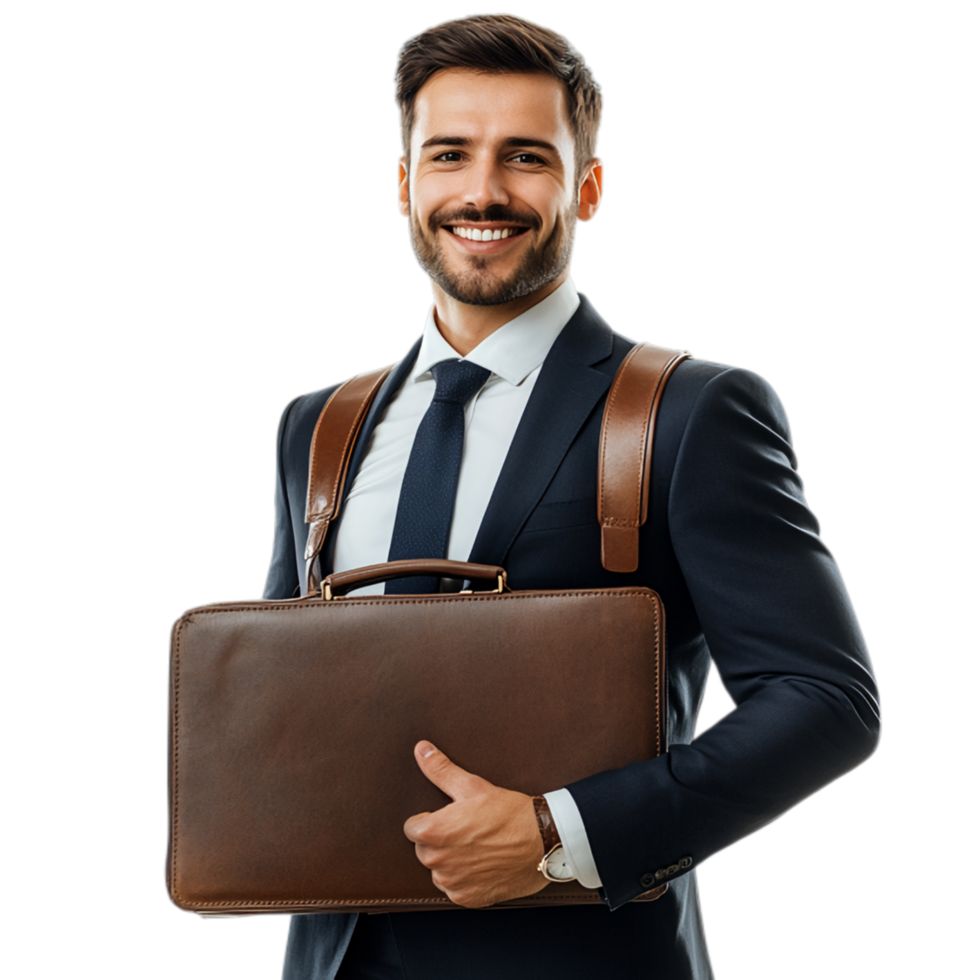 PNG Confident Businessman Smiling with Briefcase Against Transparent Background for Career Themes, Business Marketing, or Leadership Projects