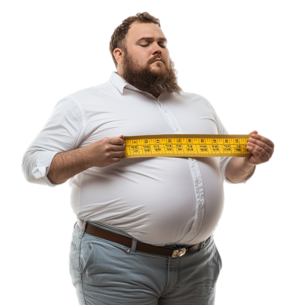 PNG Fat Man Holding Measuring Tape for Check Out Against Transparent Background for Health Branding, Fitness Campaigns, or Weight Management Advertising