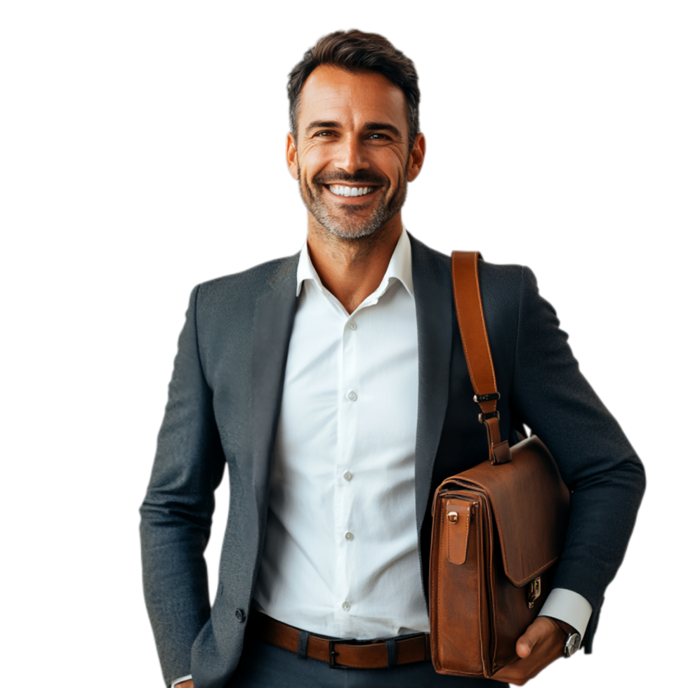 PNG Confident Businessman Smiling with Briefcase Against Transparent Background for Career Themes, Business Marketing, or Leadership Projects