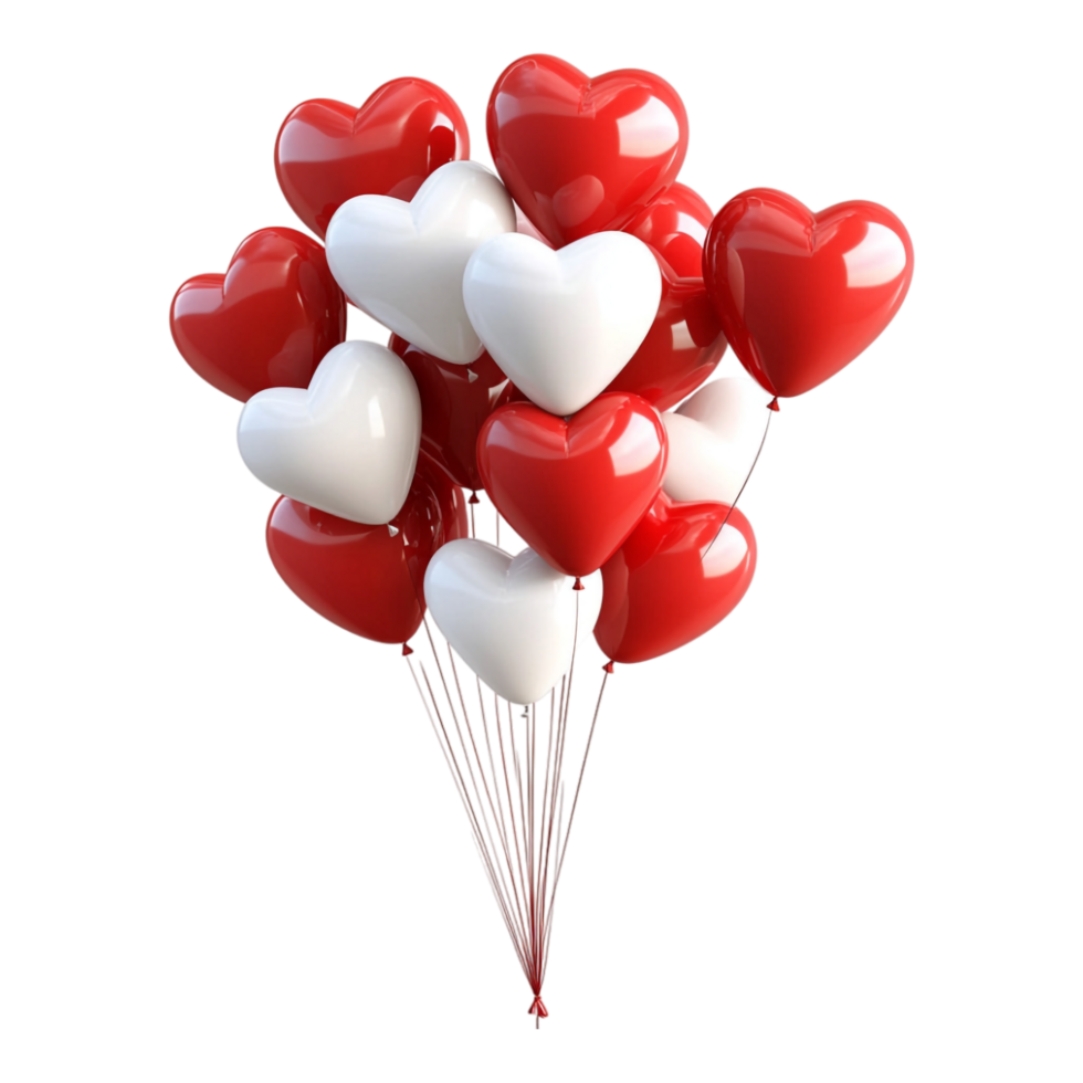 PNG Bunch of Red and White Heart-Shaped Balloons Against transparent Background for Romantic Celebrations, Valentine's Day, or Party Themes