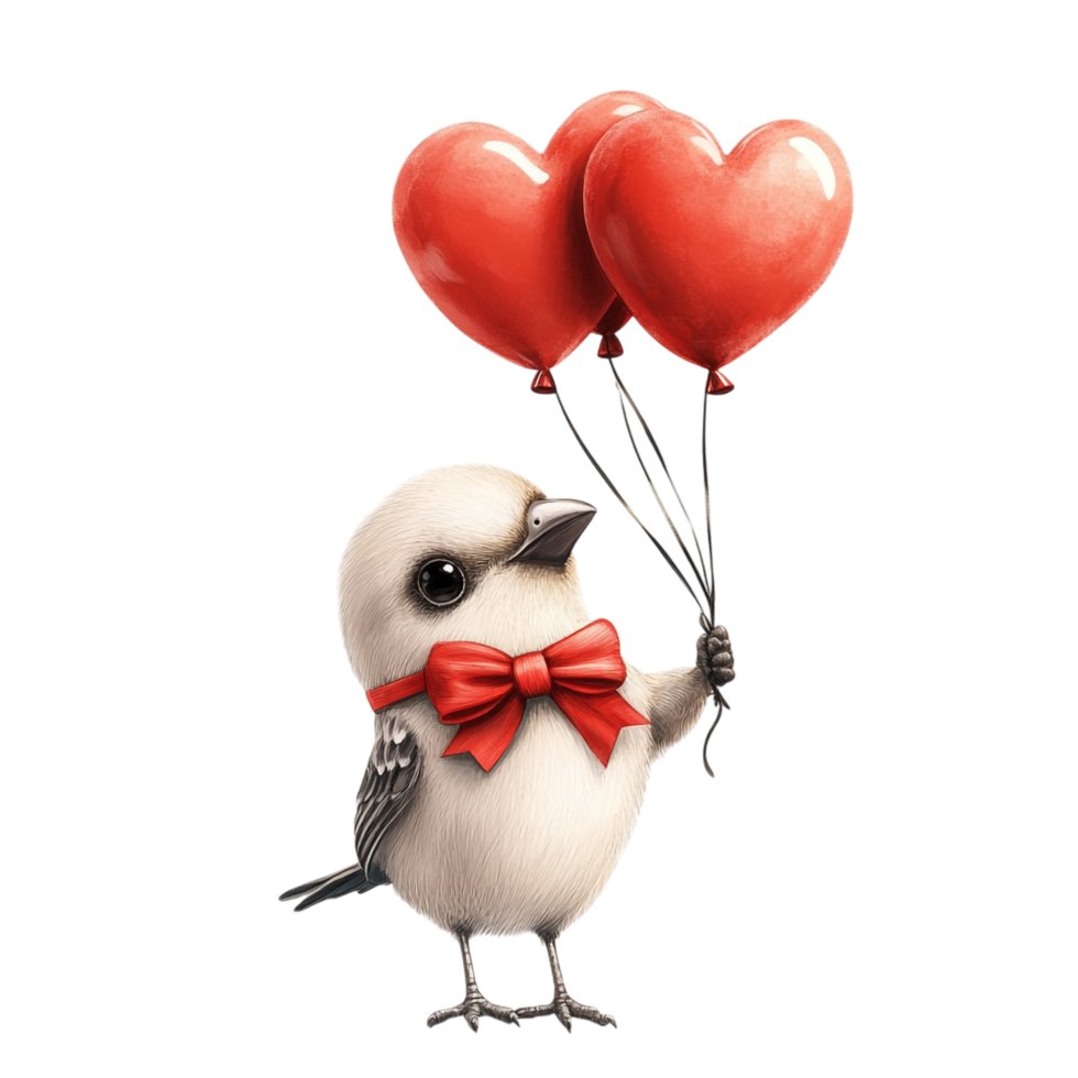 PNG Adorable Bird Wearing a Red Bow Tie and Holding a Heart for Valentine's Day, Against transparent Background Cute Characters, or Love-Themed Designs