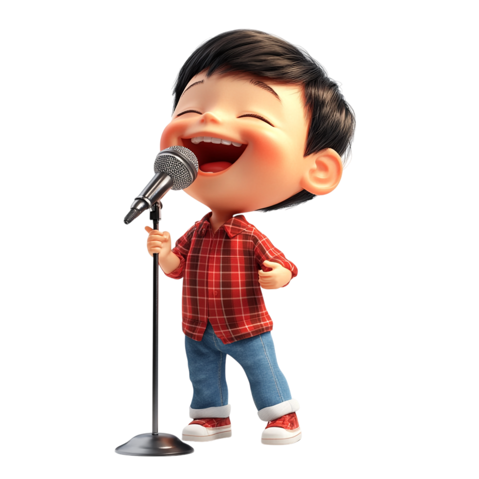 PNG Adorable 3D Render of a Happy Singing Boy Against Transparent Background for Entertainment Designs, Youthful Themes, or Cartoon Illustrations
