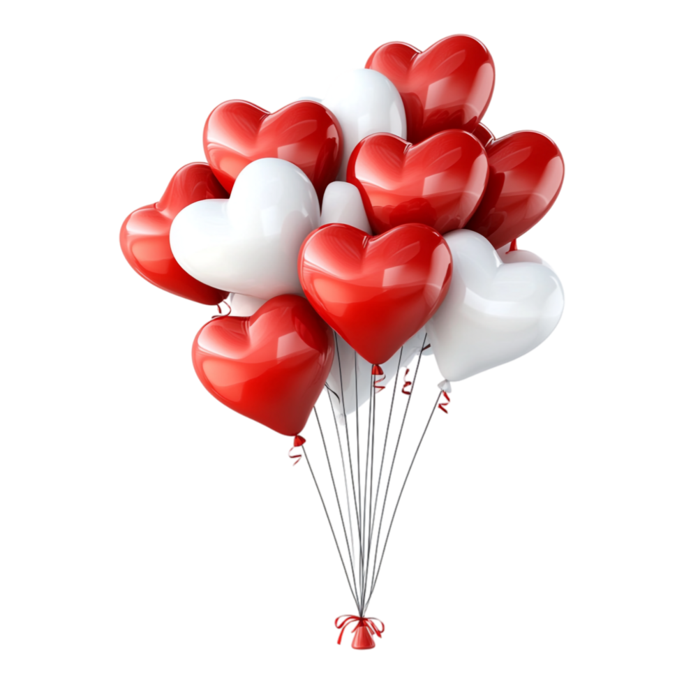 PNG Bunch of Red and White Heart-Shaped Balloons Against transparent Background for Romantic Celebrations, Valentine's Day, or Party Themes