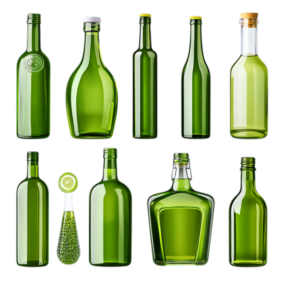 PNG Collection of Green Glass Bottles in Various Shapes and Sizes for Recycling Campaigns, Eco-Friendly Promotions, or Artistic Projects
