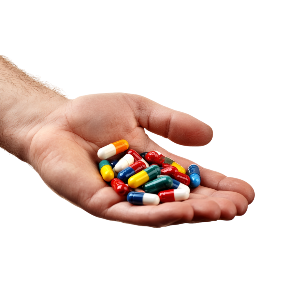 Pills Held in Man's Hand Isolated Against a Transparent Background png