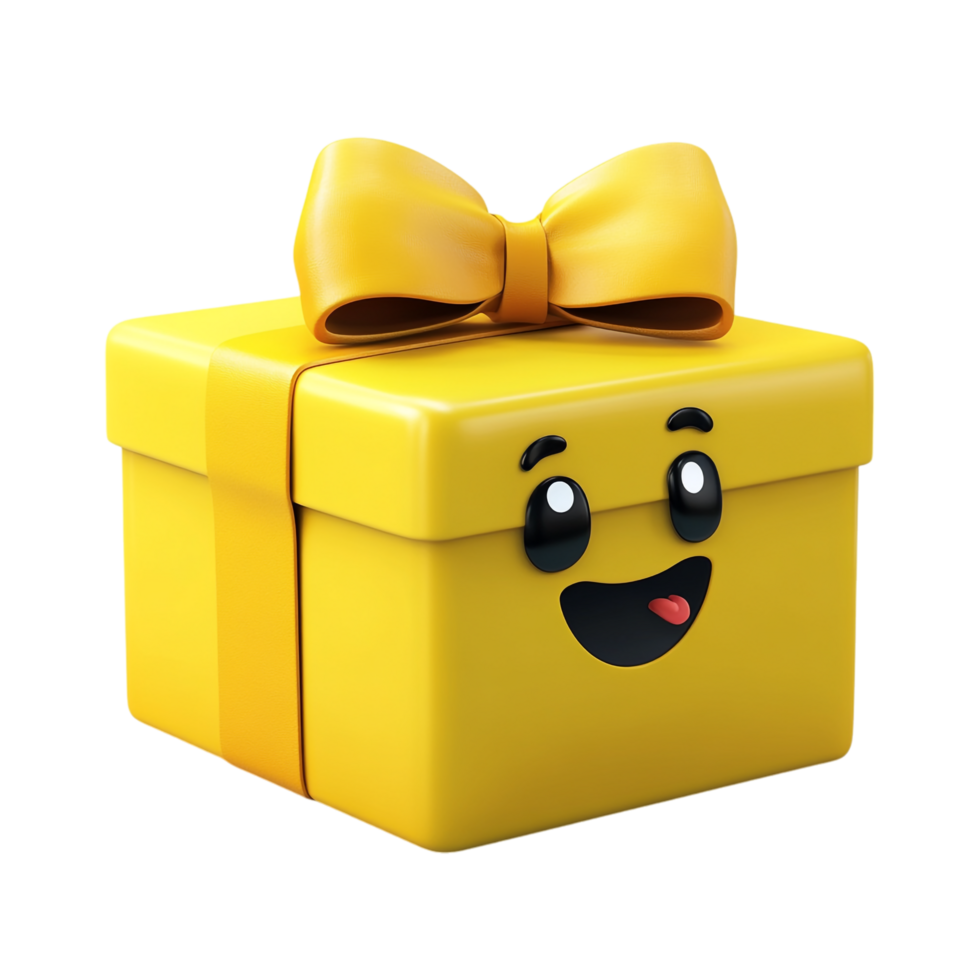 PNG Adorable Yellow Gift Box with Bow and Happy Face Emoji Illustration Against Transparent Background for Festive Designs, Celebration Themes, or Gift Concepts
