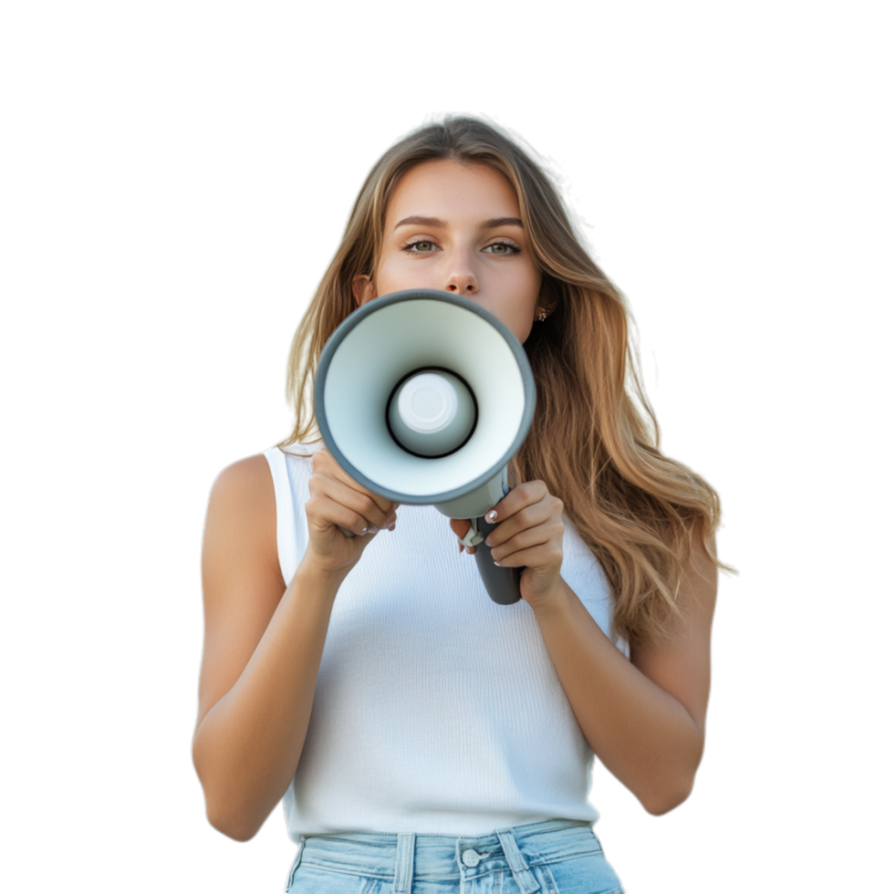 PNG Confident Young Woman Speaking Through a Megaphone Against Transparent Background for Activism, Public Speaking Campaigns, or Empowerment Projects